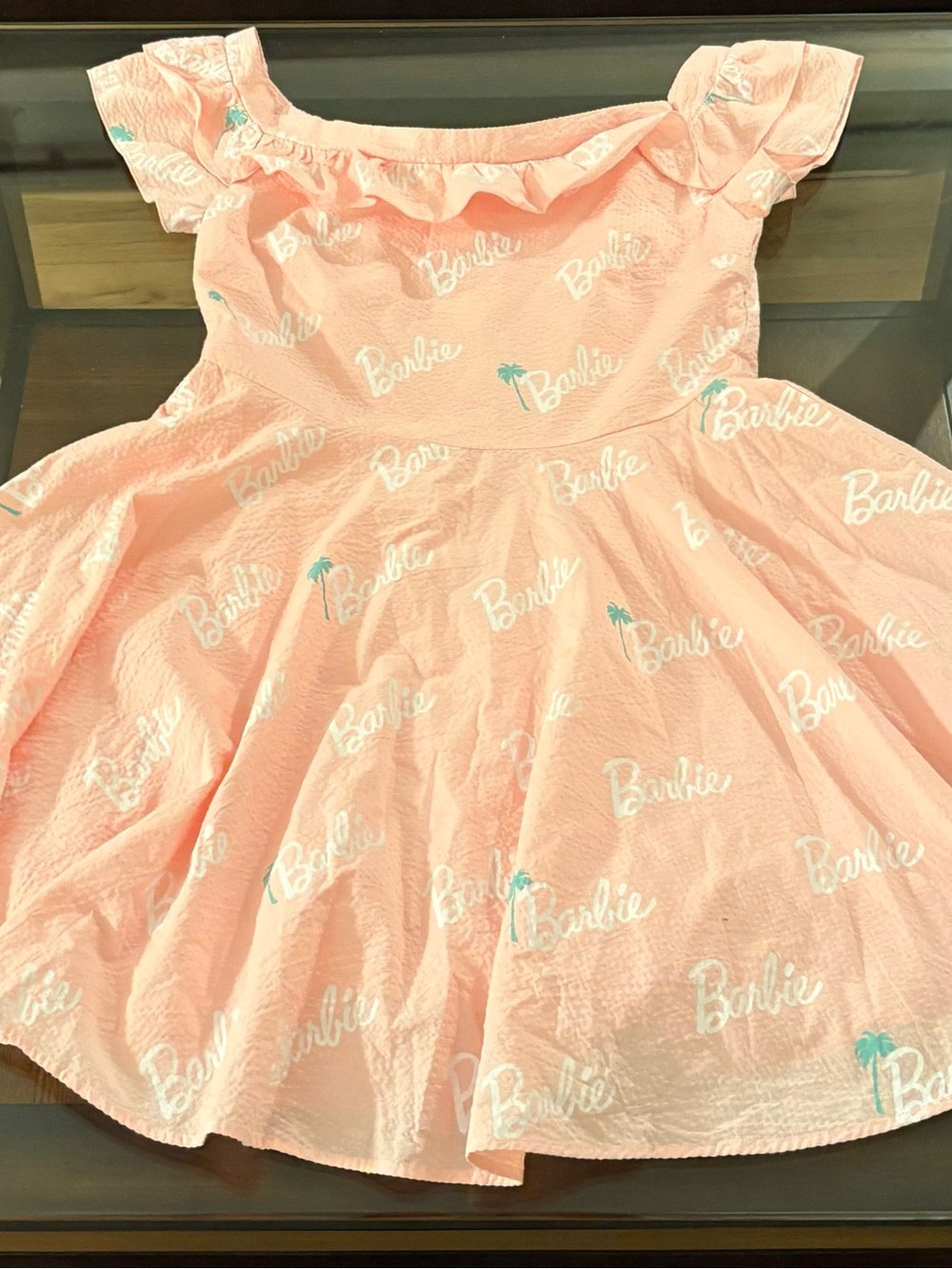 Barbie Light Pink Seersucker Logo Dress with Teal Palm Accents size M (women)